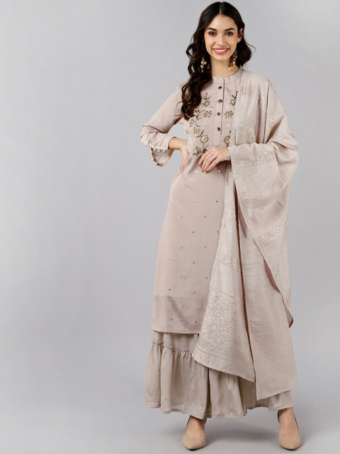 

AHIKA Women Nude-Coloured Ethnic Motifs Embroidered Kurta with Sharara & With Dupatta