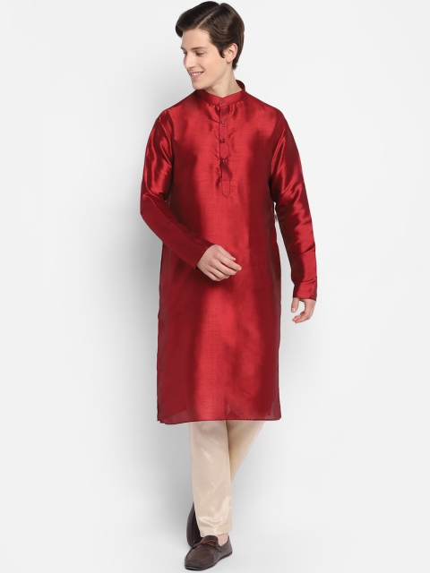 

DEVOILER Men Maroon Thread Work Jorba Silk Kurta