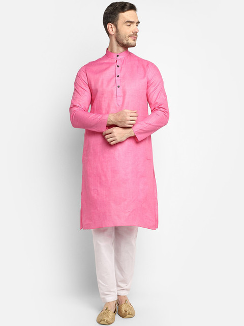 

DEVOILER Men Pink Straight Cotton Kurta
