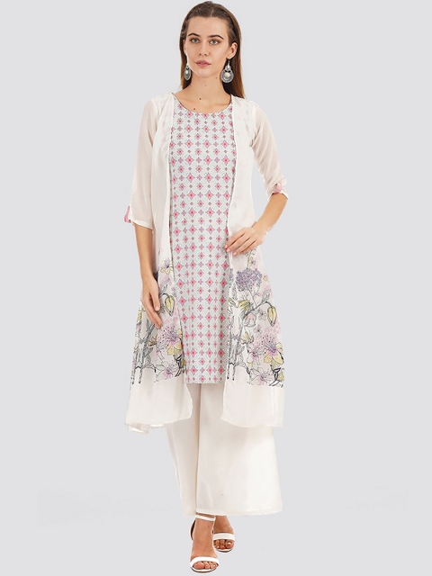 

Ethnicity Women White Checked Ethnic Motif Crepe Kurta