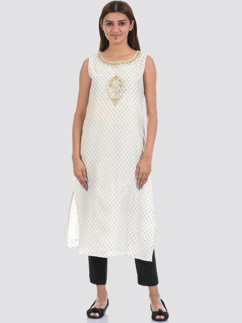 

Ethnicity Women White & Gold-Toned Ethnic Motifs Printed Cotton Kurta