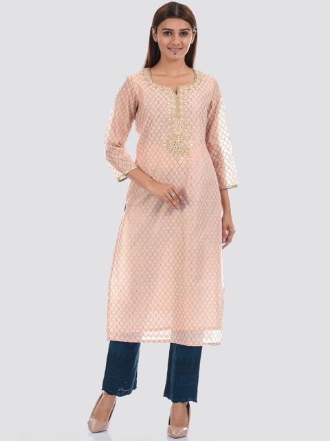 

Ethnicity Women Pink & Gold Geometric Printed & Embroidered Chanderi Cotton Kurta