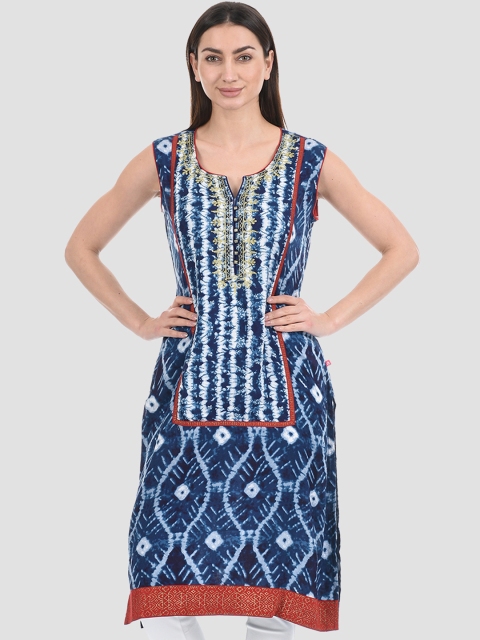 

Ethnicity Women Blue Printed Thread Work Kurta