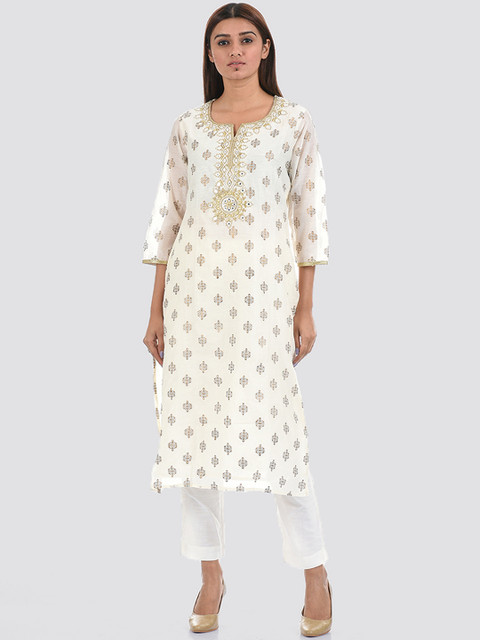 

Ethnicity Women White Ethnic Motifs Printed Thread Work Kurta