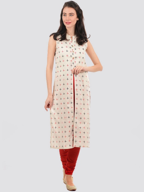 

Ethnicity Women Beige Geometric Printed Kurta