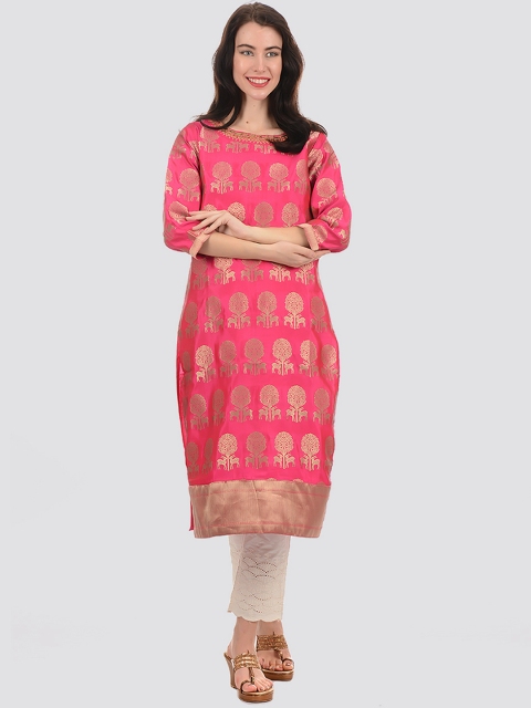 

Ethnicity Women Pink & Gold-Toned Ethnic Motifs Printed Thread Work Cotton Kurta