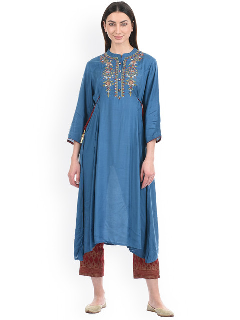 

Ethnicity Women Blue Embroidered Flared Sleeves Thread Work Kurta