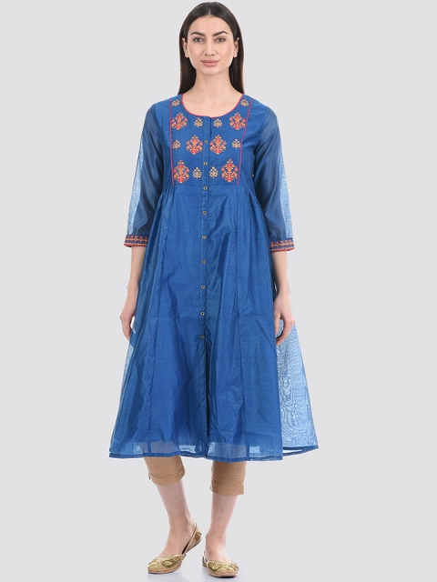 

Ethnicity Women Blue Yoke Embroidered Chanderi Cotton A-line Kurta