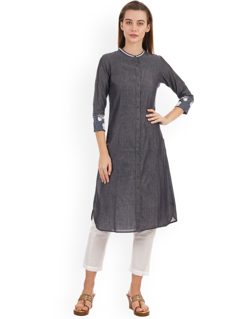 

Ethnicity Women Grey Striped Thread Work Kurta