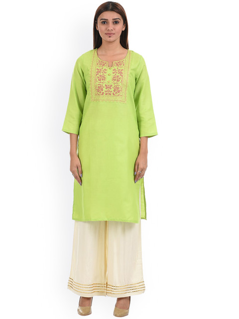 

Ethnicity Women Green Embroidered Mirror Work Kurta
