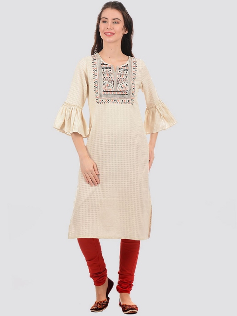 

Ethnicity Women Beige Embroidered Flared Sleeves Thread Work Kurta