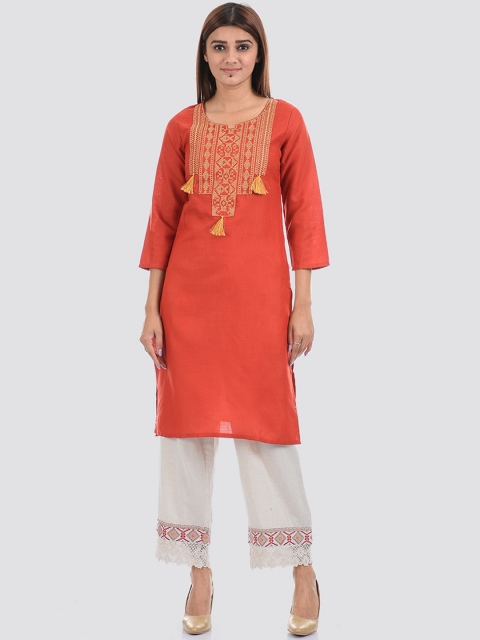 

Ethnicity Women Orange Embroidered Cotton Kurta