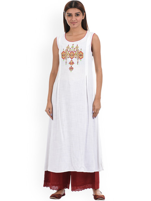

Ethnicity Women White Embroidered Thread Work Anarkali Kurta
