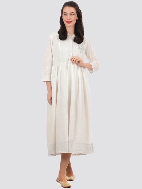 

Ethnicity Women White Floral Embroidered Thread Work Anarkali Cotton Kurta