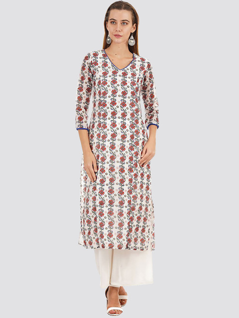 

Ethnicity Women White Floral Printed Silk Kurta