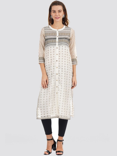 

Ethnicity Women White & Grey Geometric Printed Mandarin Collar Straight Kurta