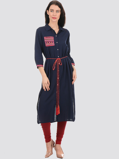 

Ethnicity Women Navy Blue & Pink Patchwork Cotton Kurta