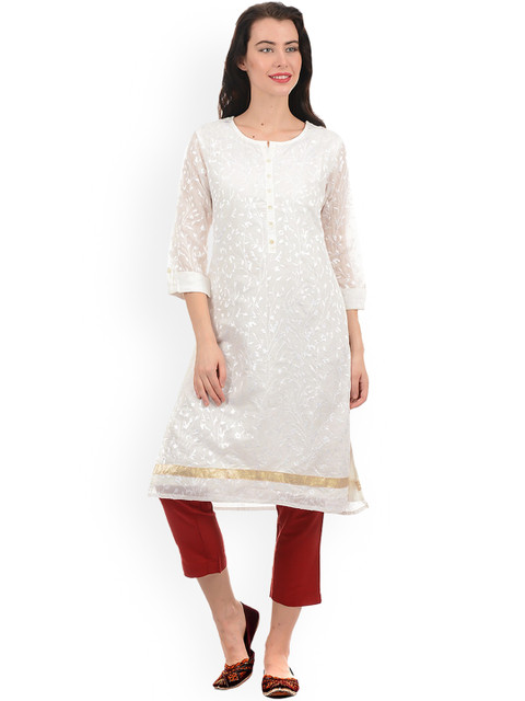 

Ethnicity Women White Ethnic Motifs Embroidered Flared Sleeves Chikankari Kurta