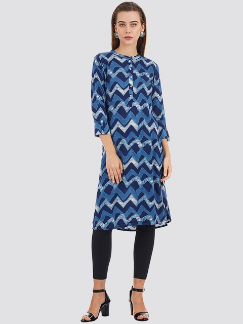 

Ethnicity Women Blue Chevron Printed Kurta