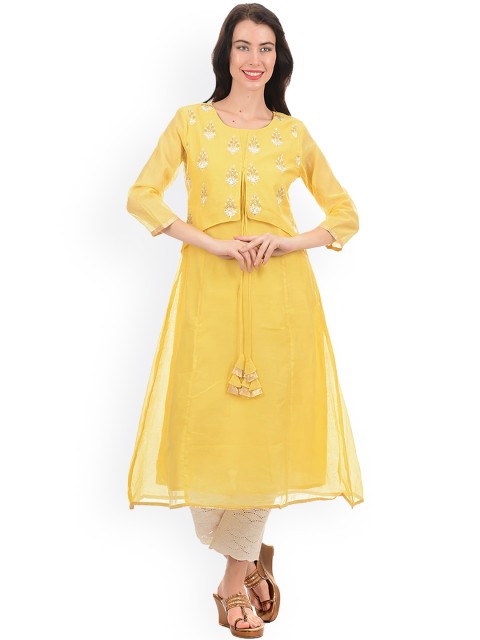 

Ethnicity Women Yellow Embroidered Thread Work Anarkali Kurta