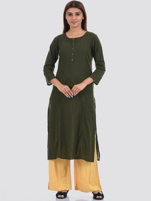 

Ethnicity Women Olive Green Solid Cotton Round Neck Straight Kurta