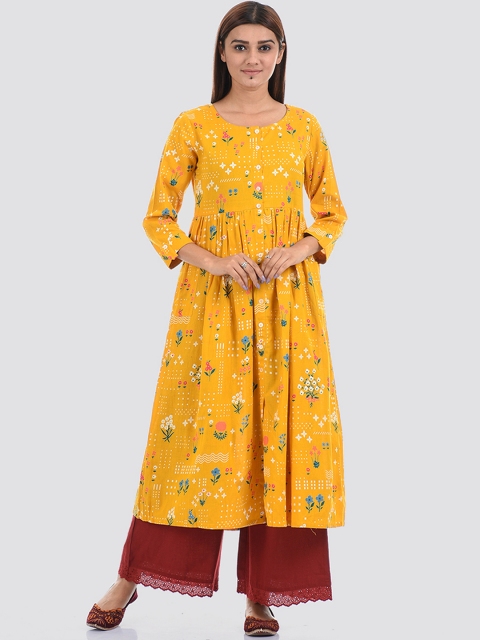 

Ethnicity Women Yellow Quirky Embroidered Mirror Work Anarkali Kurta