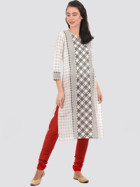 

Ethnicity Women White & Grey Geometric Printed Round Neck Straight Kurta