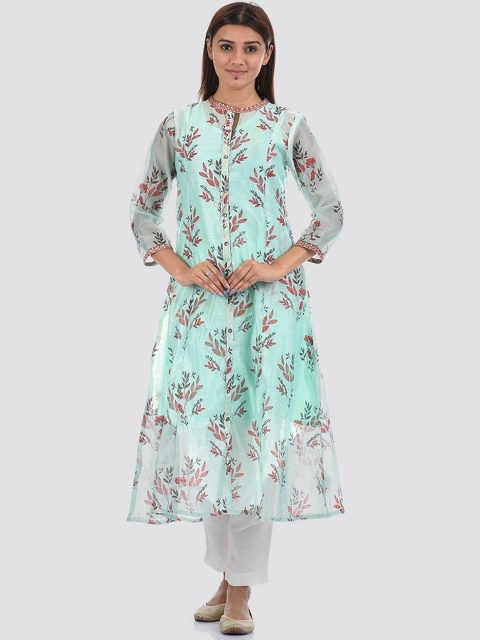 

Ethnicity Women Blue Floral Printed Flared Sleeves Chikankari Anarkali Kurta