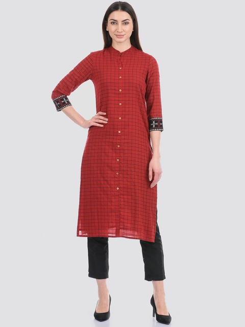 

Ethnicity Women Red & Black Checked Straight Cotton Kurta