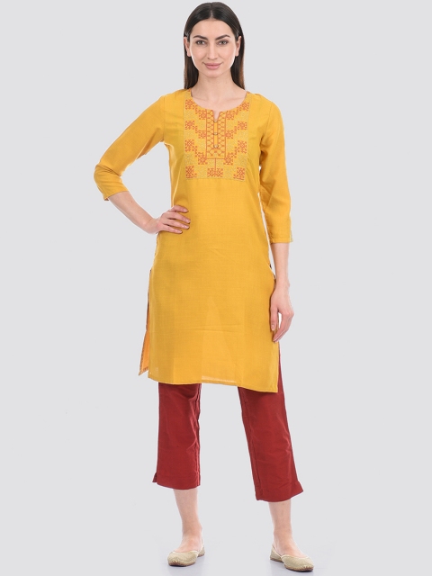 

Ethnicity Women Mustard Yellow Embroidered Thread Work Kurta