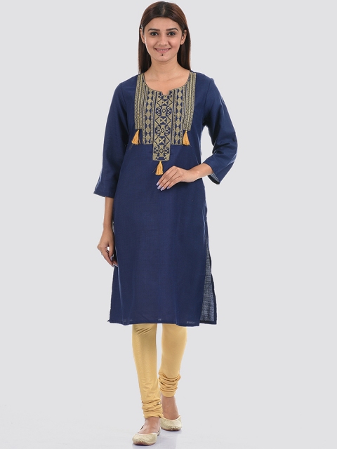 

Ethnicity Women Navy Blue Embroidered Flared Sleeves Thread Work Kurta