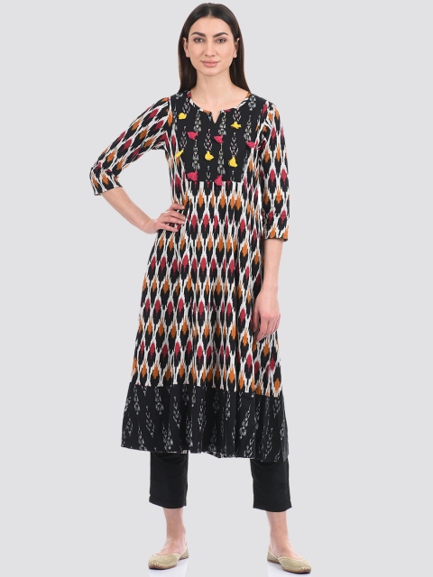 

Ethnicity Women Black & Red Geometric Printed Lace Frills Bows and Ruffles Kurta