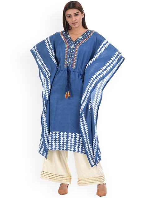 

Ethnicity Women Blue Flared Sleeves Thread Work Kaftan Kurta