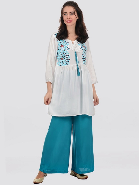 

Ethnicity Women White & Blue Floral Embroidered Tie-Up Neck Kurta