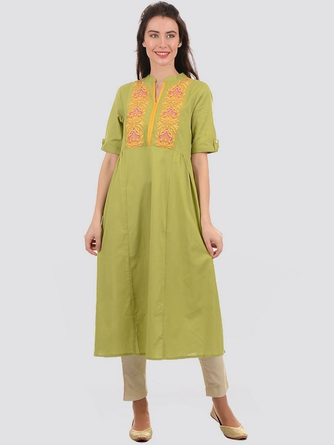 

Ethnicity Women Lime Green Embroidered Thread Work Anarkali Kurta