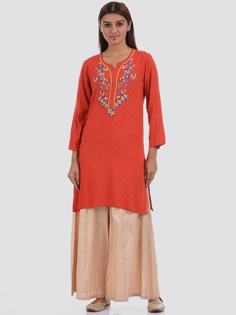 

Ethnicity Women Orange Embroidered Flared Sleeves Thread Work Kurta