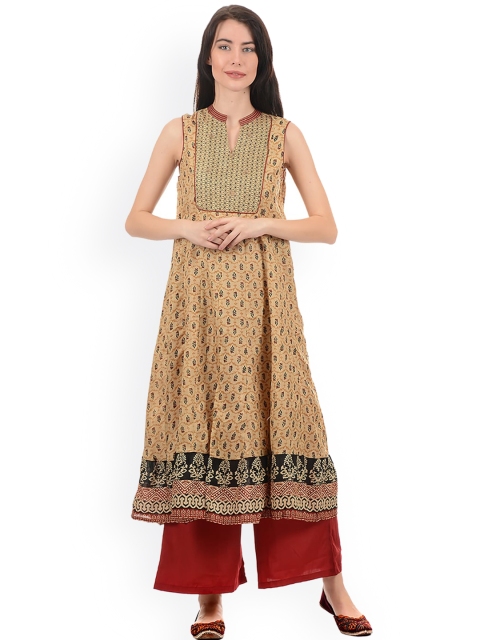 

Ethnicity Women Beige Ethnic Motifs Printed Keyhole Neck Thread Work Anarkali Kurta