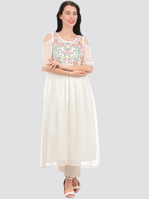 

Ethnicity Women White Floral Yoke Design Cold-Shoulder Sleeves Thread Work Anarkali Kurta