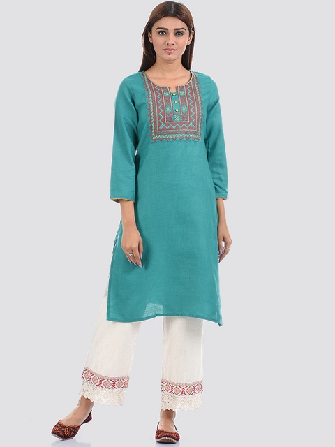 

Ethnicity Women Teal Green Embroidered Kurta