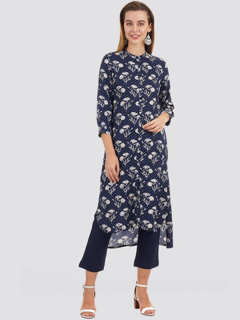 

Ethnicity Women Blue Floral Printed Thread Work Kurta