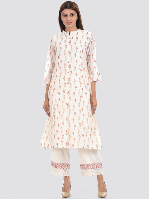 

Ethnicity Women White & Orange Ethnic Motifs Printed Kurta