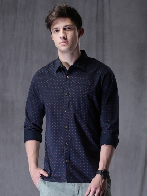 

WROGN Men Navy Slim Fit Printed Casual Shirt, Navy blue