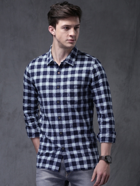 

WROGN Navy Blue Slim Fit Checked Casual Shirt