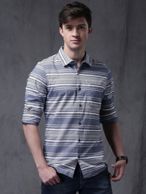 

WROGN Men Grey & Blue Slim Fit Striped Casual Shirt