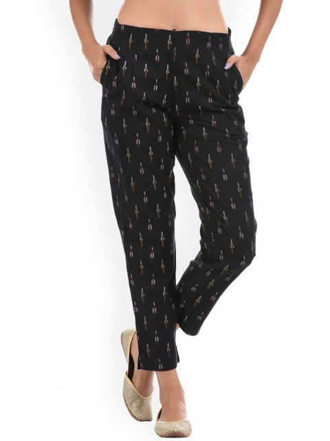 

Ethnicity Women Black Printed Regular-Fit Trousers