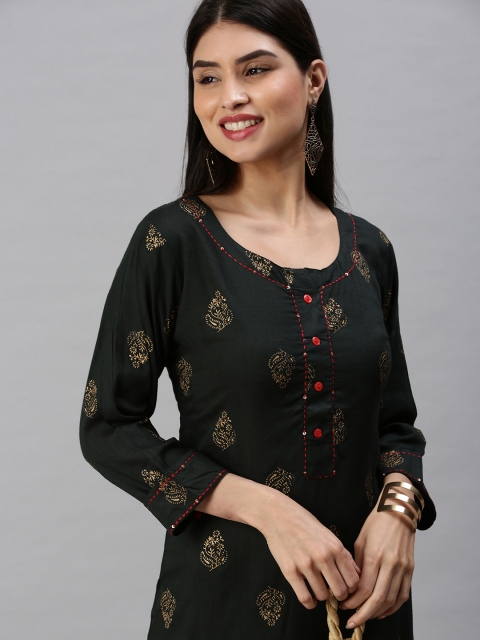 

SHOWOFF Women Green Ethnic Motifs Printed Thread Work Kurta