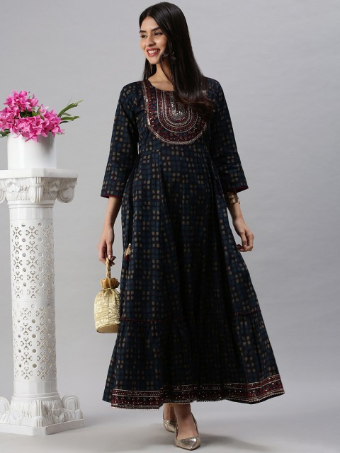 

SHOWOFF Women Navy Blue Three-Quarter Sleeves Round Neck Thread Work Anarkali Kurta