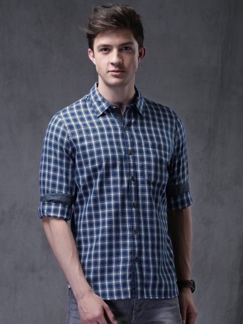 

WROGN Navy Blue Slim Fit Checked Casual Shirt