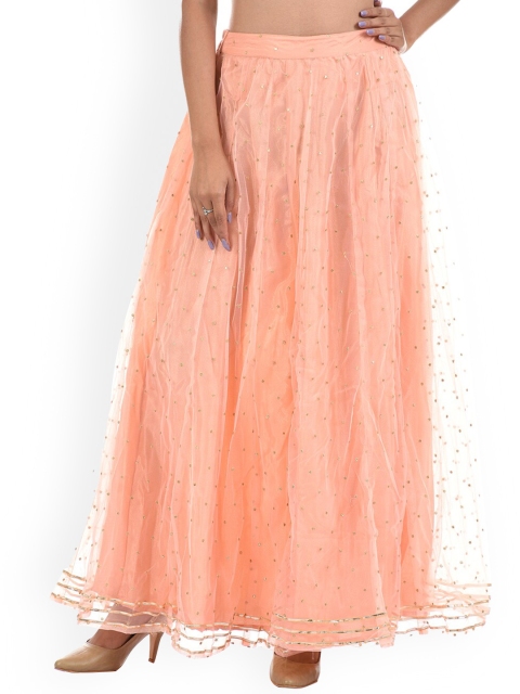 

Ethnicity Coral Orange Embellished Pleated Ruffles Viscose Rayon Ethnic Flared Maxi Skirt