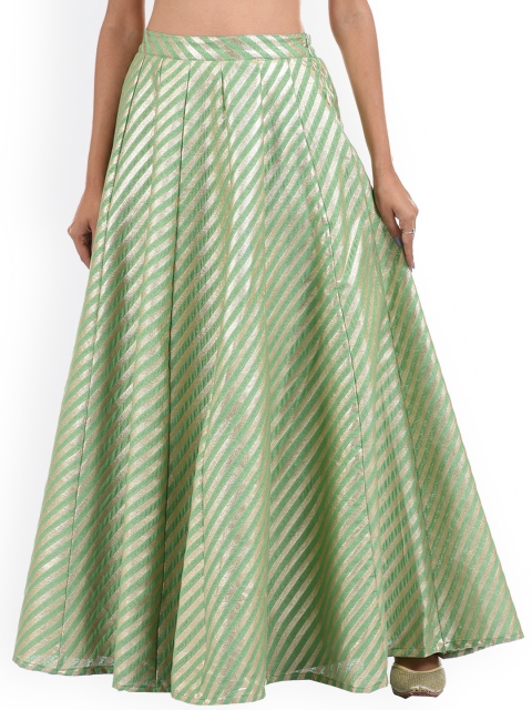 

Ethnicity Green & Gold-Toned Striped Gathered Or Pleated Ruffles Maxi Flared Skirt